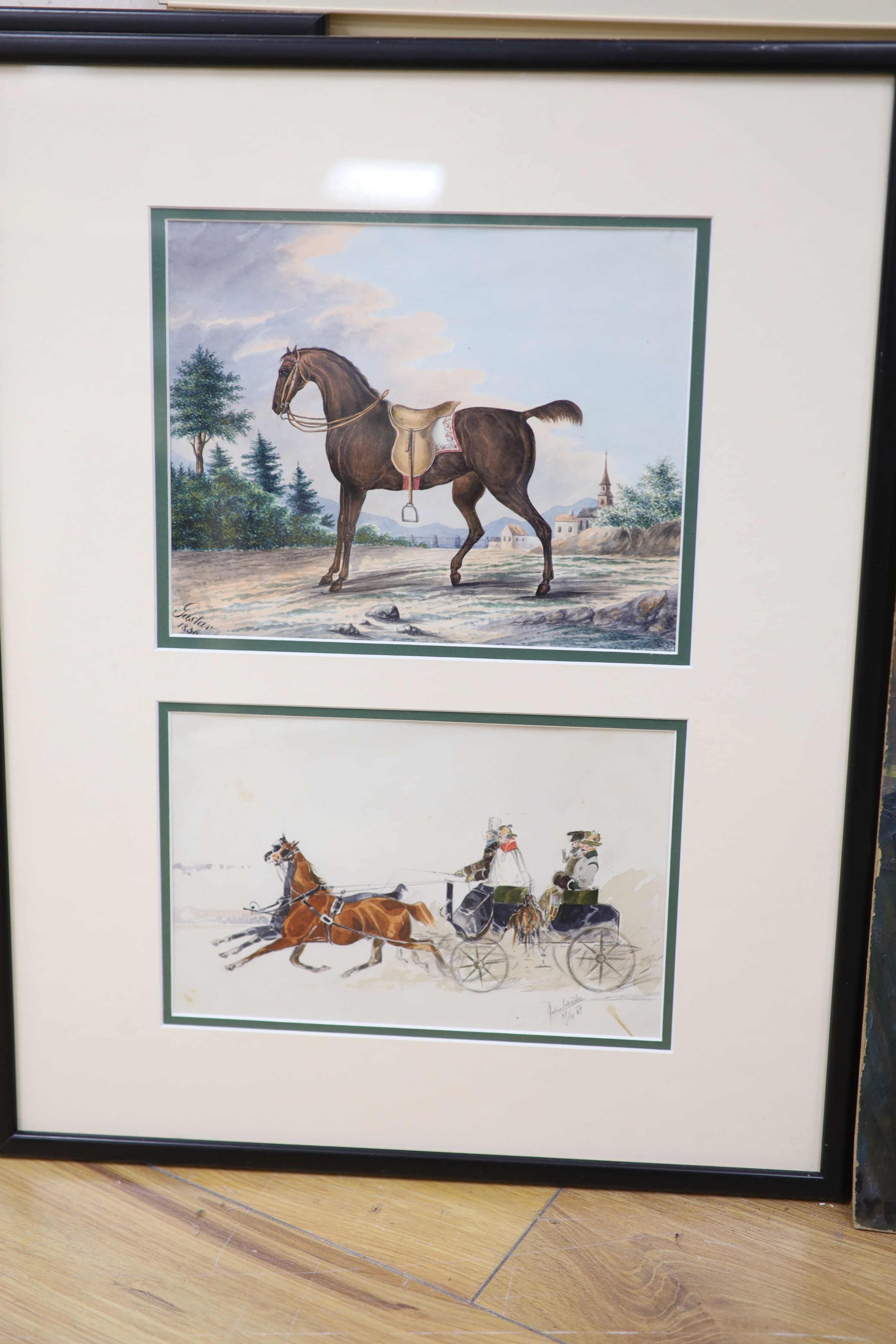 19th century German School, six watercolours, Studies of a horse and cart, a saddled horse and Alpine scenes, one signed Jules Schaffer 1847, the horse signed Gustav 1836, largest 19 x 26cm, in three frames